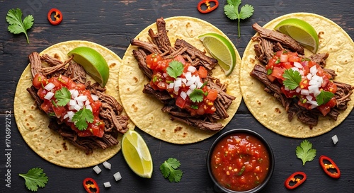 Delicious barbacoa tacos presented on a dark background ready to enjoy