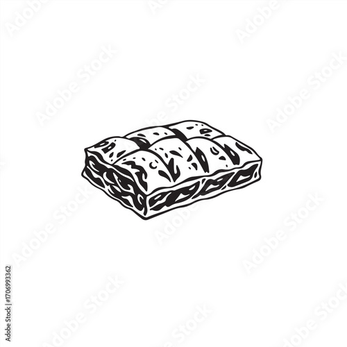 A classic black and white Vector silhouette of baklava presented on a crisp white background, rendered with the timeless elegance of a cast bronze surface, showcasing an antique patina finish 