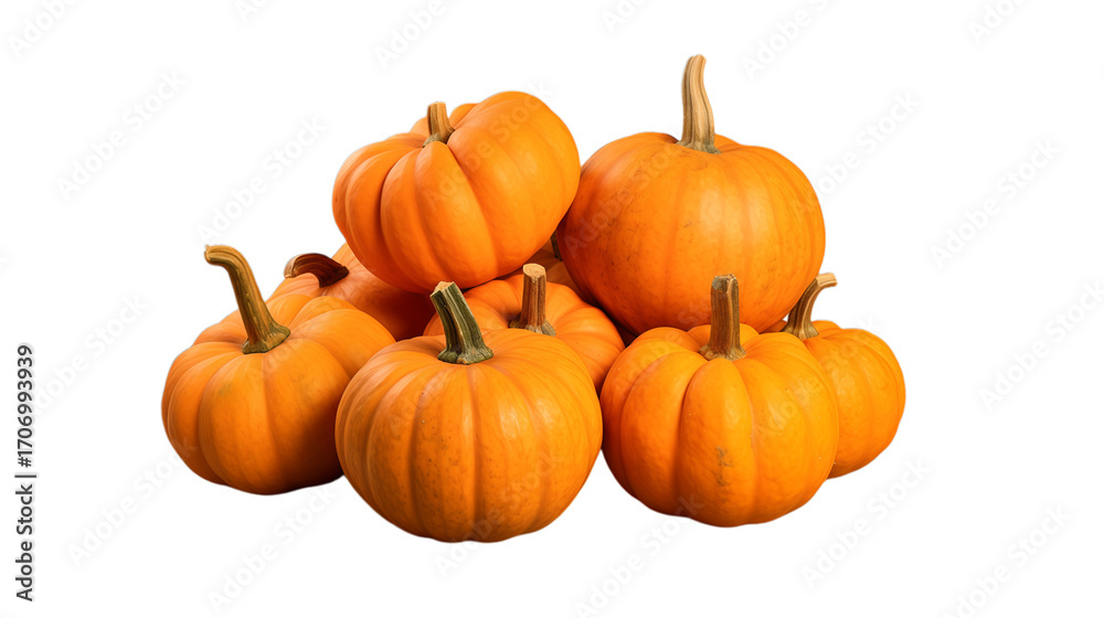 Obraz premium Pile of Fresh Orange Pumpkins: Autumn Harvest, Fall Decoration, Halloween, Thanksgiving, Seasonal Vegetables, Isolated on White Background, PNG