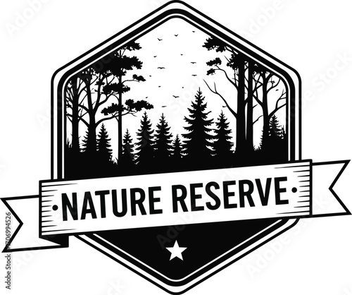 Black nature reserve emblem with trees, ribbon, and star illustration
