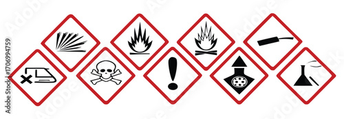 Globally Harmonized System (GHS) hazard Warning symbols with red curved outline isolated on transparent background. All 9 GHS chemical labelling stickers