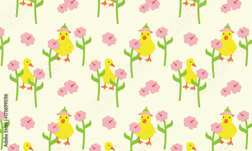 This pattern depicts two yellow ducks, one of which is wearing a pink flower hat, with pink flowers growing beside it. This design is suitable for clothing, stickers, or other items.