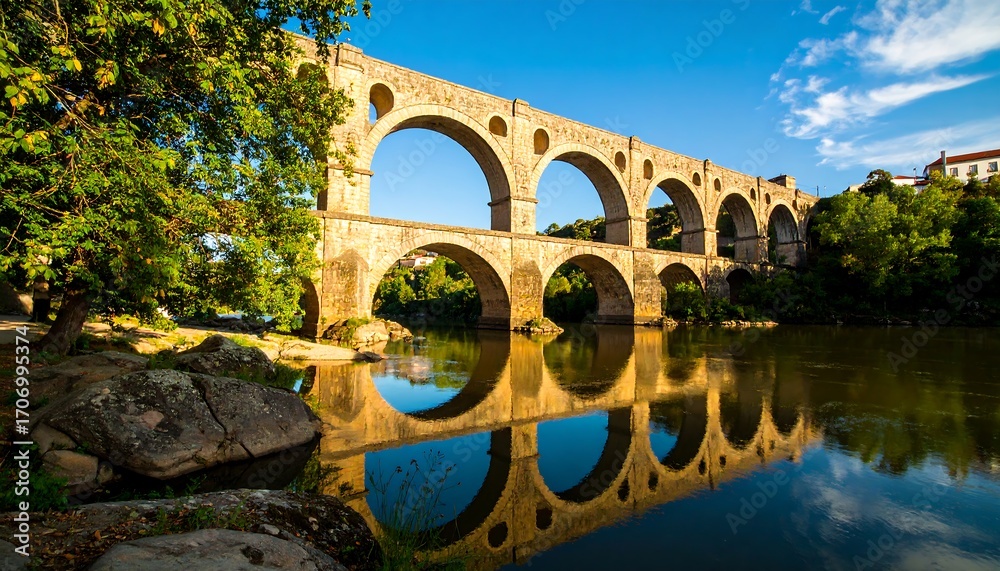 Fototapeta premium Stone arch bridge over a calm river, reflected perfectly