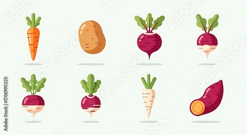Colorful flat design icons showcasing various root vegetables including carrots, potatoes, beets, turnips, and sweet potatoes.