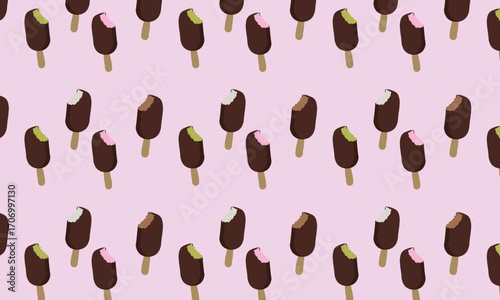 pattren features several ice cream cones with a chocolate coating on the outside and various flavors inside, such as strawberry, matcha, vanilla, and chocolate. This design is suitable for packaging 