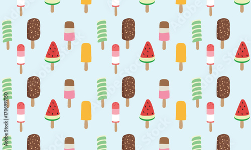 The pattern features several ice creams in various flavors and shapes, such as strawberry, vanilla,  and others. The blue background gives a cool feeling. This design is suitable for packaging