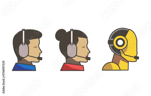 Customer Support Evolution with Human Operators and AI Chatbot Vector Illustration