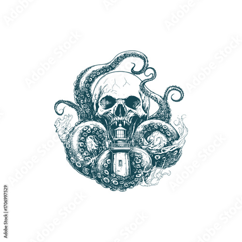 vintage engraving illustration showing a massive skull and octopus tentacles engulfing a small lighthouse in a stormy, crashing ocean. Concept for cosmic horror, death, and deep-sea nautical fantasy