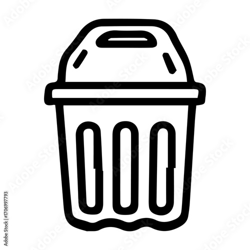 A trash can with a lid on top. The lid is open. The trash can is black and white