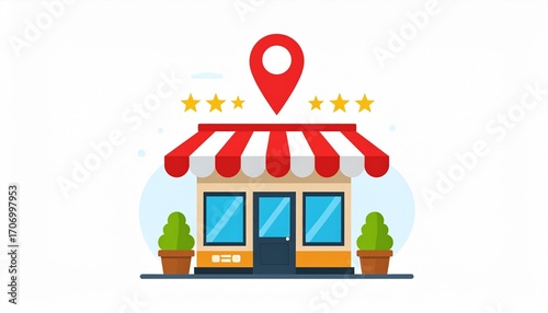 Local Business Storefront with Location Pin and Five Star Customer Review Rating