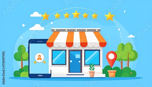 Local Business Storefront with Mobile App, Location Pin, and Five Star Customer Review