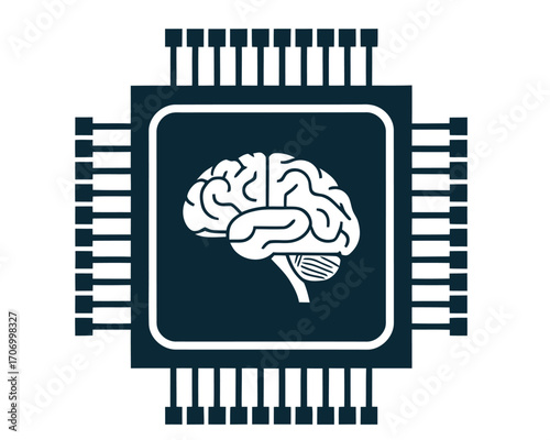 A simple flat vector icon of a human brain inside a computer processor chip, symbolizing artificial intelligence and deep learning