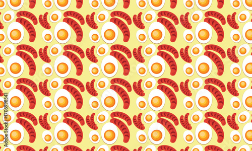 The fried egg and sausage motif looks delicious and appetizing. The yellow background makes the image very attractive. This design is suitable for dessert packaging and wrapping paper.