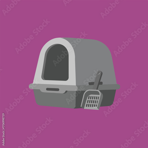 A gray hooded cat litter box sits on a magenta background, featuring a scoop and an arched entrance.