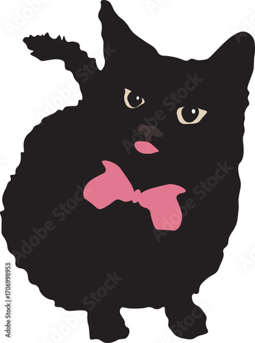 A black cat sat quietly wearing a ribbon around its neck. Its large eyes and pink tongue made it look cute and adorable.
