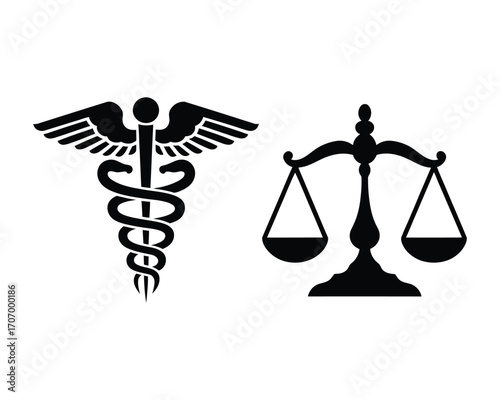 A conceptual illustration of medical law and healthcare justice, featuring the caduceus and scales symbols in a simple black silhouette