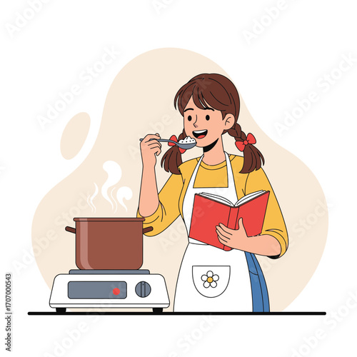 Happy young woman in the kitchen tasting a delicious homemade soup from a pot while following a cooking guide