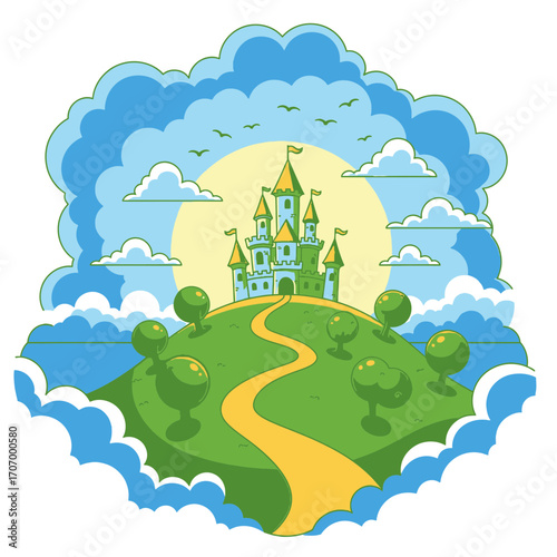 Enchanting cartoon fairytale castle on a green hill under a bright sun and blue sky