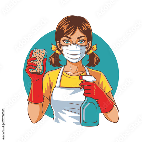 Woman with mask cleaning home wearing gloves apron with sponge and bottle during the pandemic