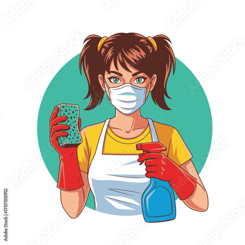 Vibrant illustration of a masked woman prepared for thorough cleaning and sanitation work with protective gear and hygiene tools