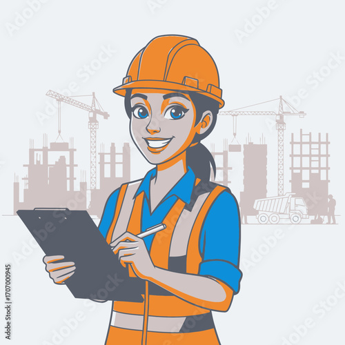 Construction Worker Woman Doing Inspection Holding Clipboard Near Building Site with Cranes