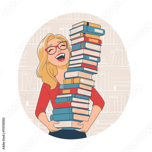 Joyful blonde woman with glasses enthusiastically embracing a towering stack of diverse books, radiating happiness for learning and knowledge