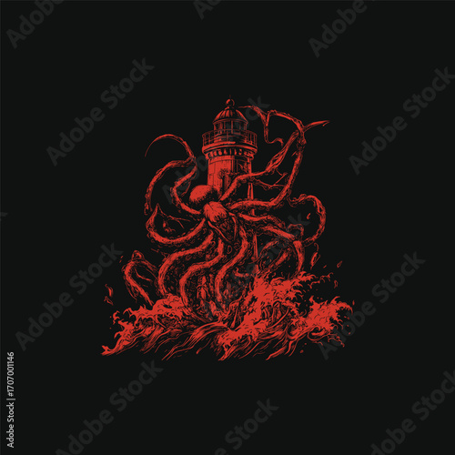 vintage engraving illustration depicting a giant, terrifying spider monster crawling over a lighthouse during a fierce ocean storm with crashing waves. Concept for dark fantasy and nautical horror