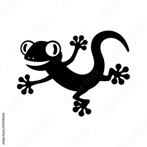 Playful gecko logo design in black silhouette with big round eyes and stretched body, cartoon lizard mascot vector illustration for stickers, branding, or decoration