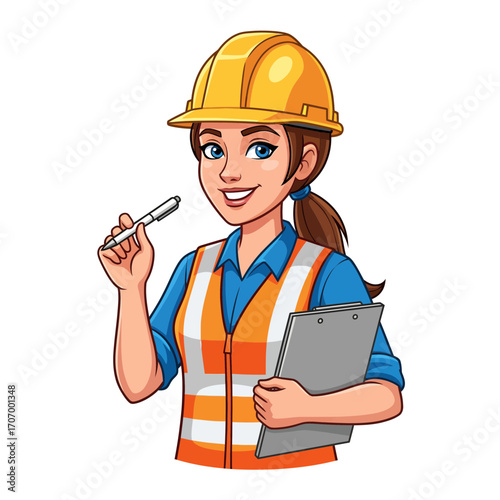 A confident female engineer wearing a hard hat and safety vest holding a clipboard and pen, ready for work on a construction site