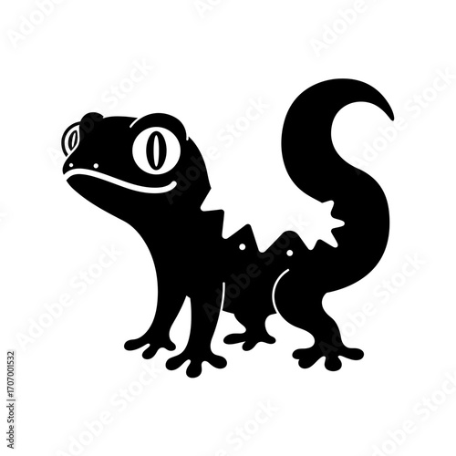 Unique gecko logo illustration featuring cartoon reptile with spiky back and big eyes, black lizard silhouette mascot design for branding, stickers, or vector art