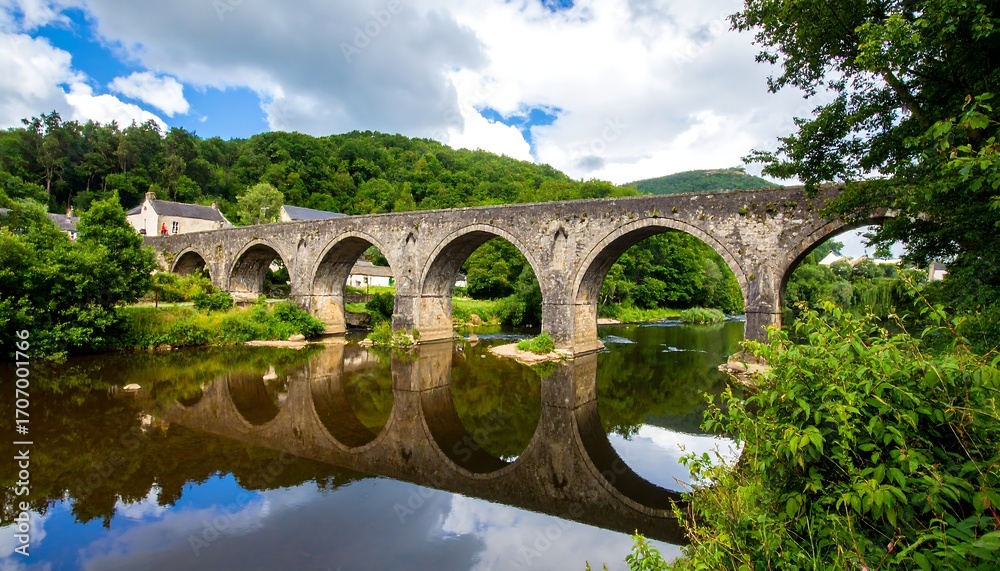 Fototapeta premium Stone arch bridge over a river, reflected in water