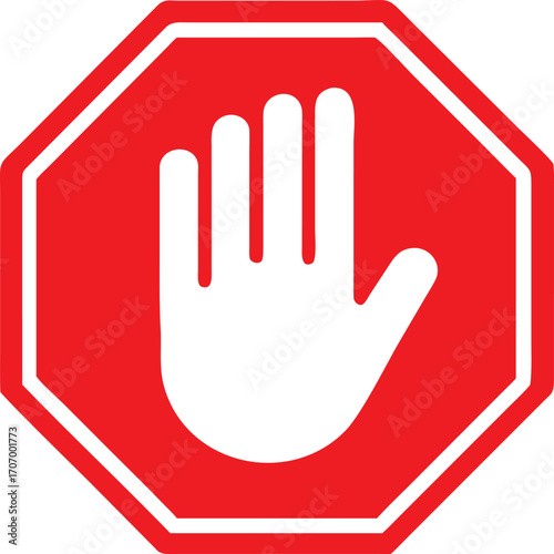 Red stop hand block octagon sign or Adblock or do not enter or forbidden icon. vector png illustration. 
