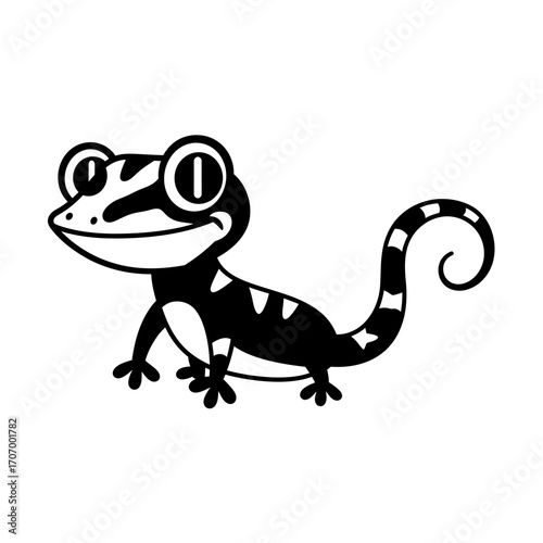 Detailed gecko logo cartoon design featuring black and white reptile mascot with curled tail and friendly smile, perfect for stickers, branding, or vector art