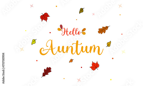 Hello Autumn seasonal  banner with leaves, floral elements and autumn attributes. Vector illustration.