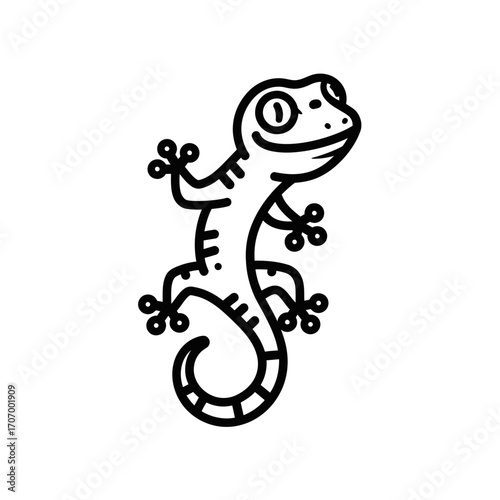 Hand-drawn gecko logo vector design with curled tail, cartoon reptile mascot in black outline, fun lizard character illustration for stickers, branding, or creative artwork