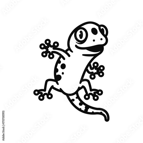 Playful gecko logo design featuring cartoon reptile with spotted body and curled tail, black and white lizard mascot vector illustration for stickers and creative branding