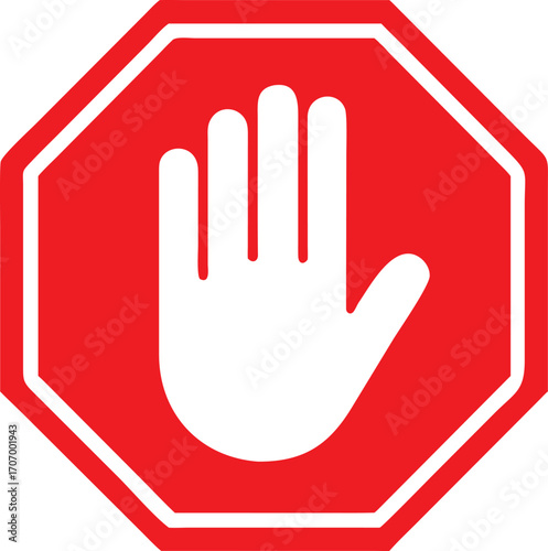 Red stop hand block octagon sign or Adblock or do not enter or forbidden icon. vector png illustration. 
