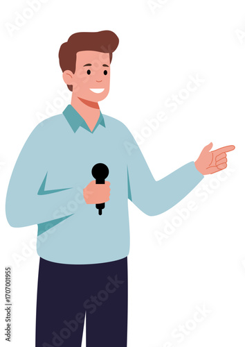 Man speaker or television news reporter pointing a finger. Male announcer holding microphone. Presentation, interview, or public speaking concept.