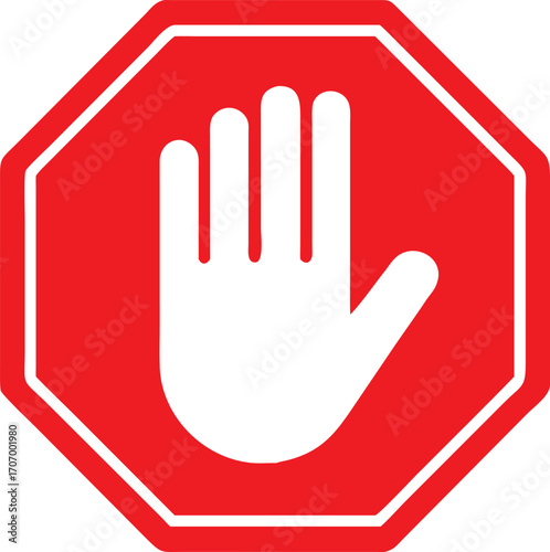 Red stop hand block octagon sign or Adblock or do not enter or forbidden icon. vector png illustration. 
