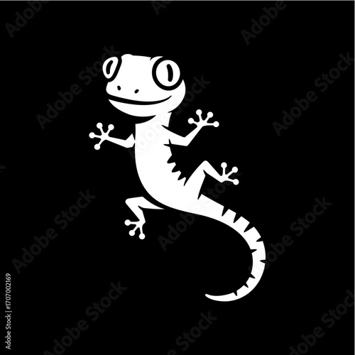 Cute gecko logo illustration with cartoon lizard on black background, big eyes and curled tail, black and white reptile mascot vector design for fun stickers or branding