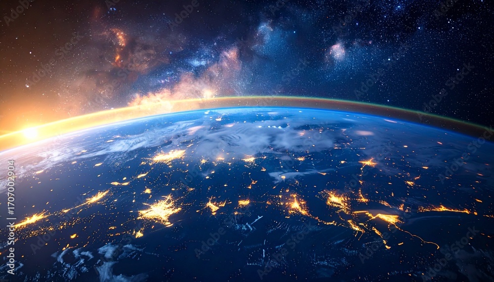 Fototapeta premium Full-color background featuring a close-up of Earth’s surface from space, showing clouds, oceans, and continents with vibrant lighting and high detail