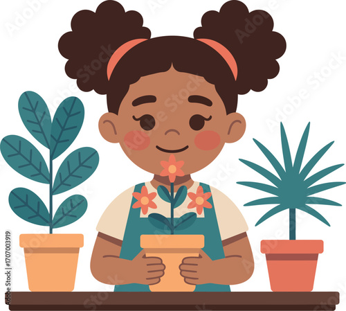 Joyful child tending to potted plants, smelling a blooming flower with a smile.