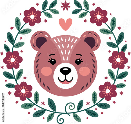 Sweet bear face framed by a floral wreath, perfect for children's decor and themes.
