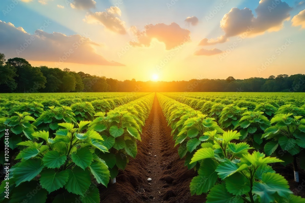 Fototapeta premium Sun-drenched rows of cotton plants stretch to the horizon, evoking the history and landscape of a southern plantation Lush greenery, vibrant sky, historical feel , scenic, cotton field