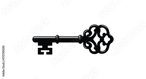 an antique key with intricate design and black silhouette