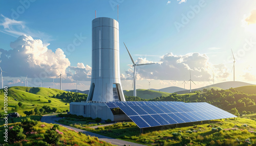 Innovative wind turbine and solar panels working together to produce clean and sustainable energy for future generations