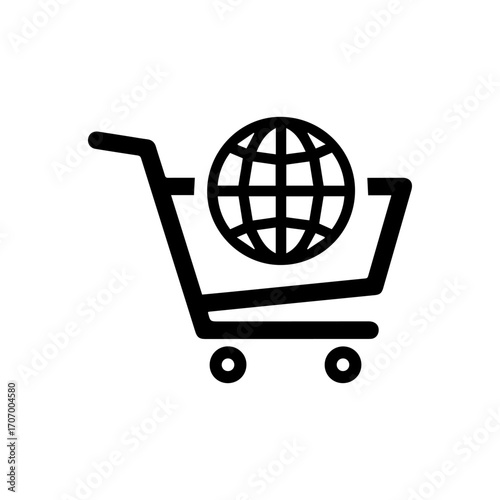 A black shopping cart icon contains a globe suggesting global trade or international shopping