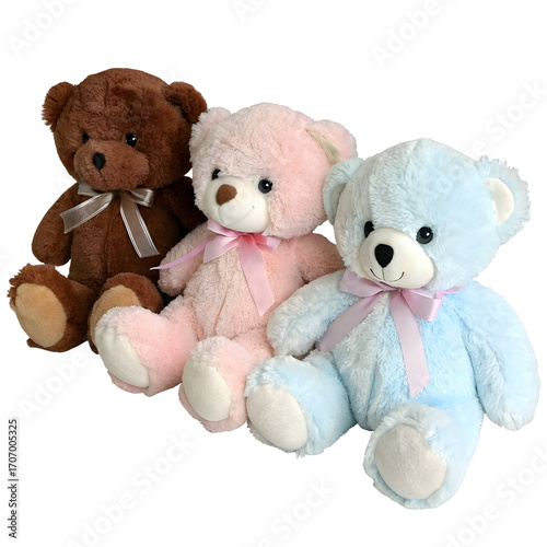 Cozy Companions: Three cuddly teddy bears in soft pastel hues. Embrace the gentle, huggable essence of childhood, offering a dose of comfort and warmth. 