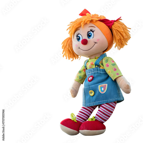 Playful Doll: A charming, plush doll with vibrant orange hair, rosy cheeks, and a cheerful expression, radiating childhood nostalgia and joy.