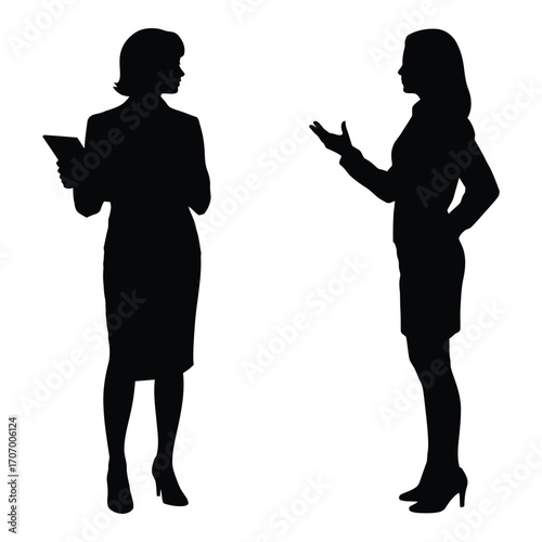 Two businesswomen in silhouette talking and gesturing on a white background
